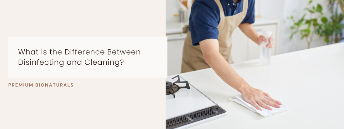 Side-by-side chart explaining disinfecting and cleaning steps