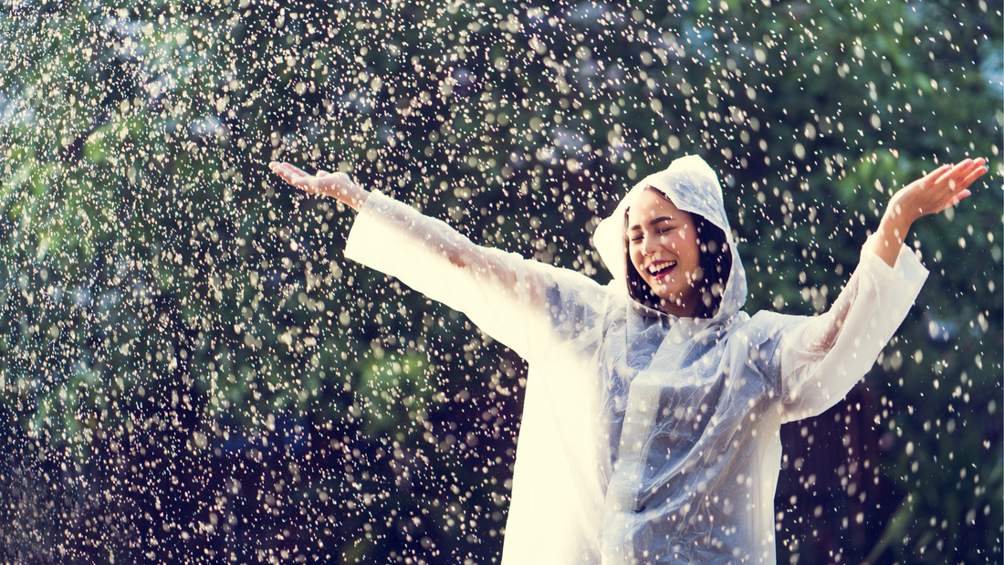 Rainy day skincare essentials, including sunscreen, toner, and cleanser on a vanity.