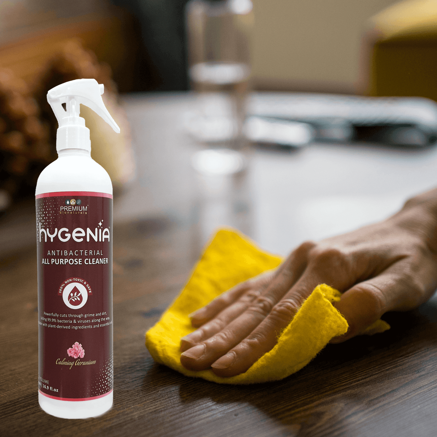 Discover Premium Bionaturals’ 100% organic cleaner infused with geranium, offering a serene, aromatic clean in every swipe.