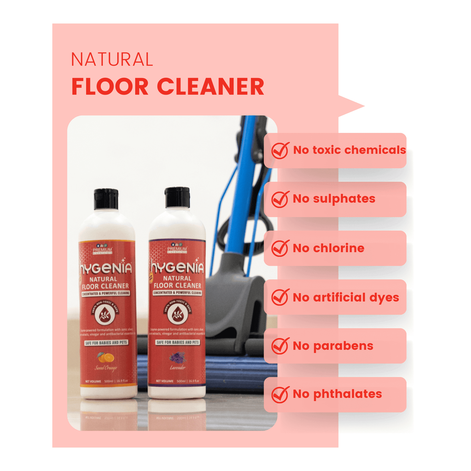 Experience purity with our Natural Floor Cleaner - Lavender, 100% organic for a safe and refreshing cleaning experience.