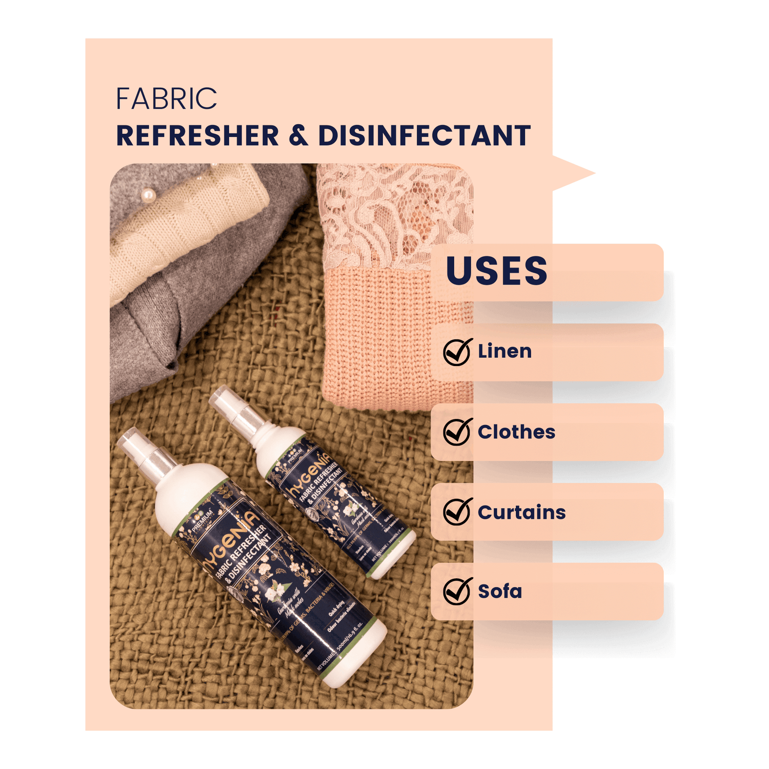 Refresh fabrics instantly with our fabric refresher that can be used on linen, clothes, curtains and sofas.