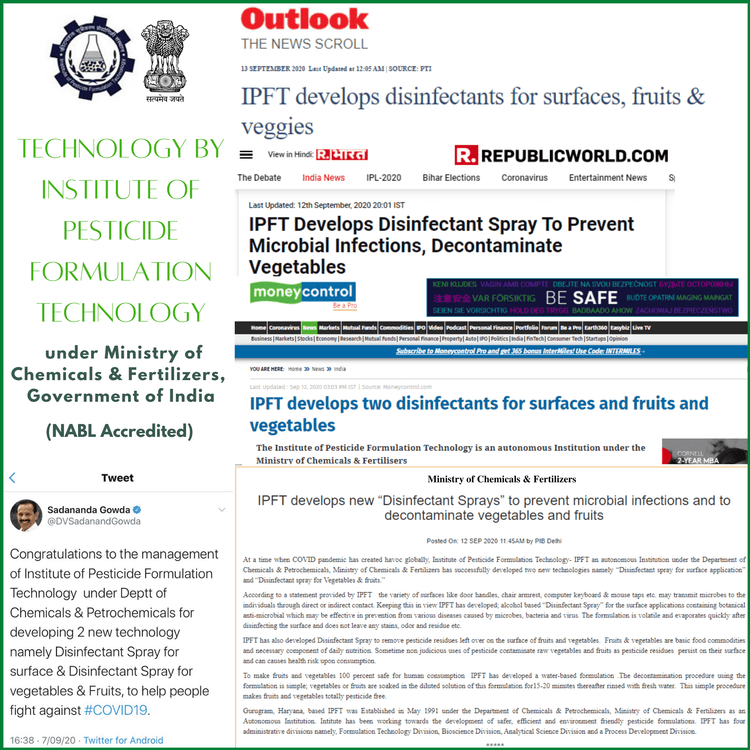 Media coverage by Outlook, Money Control, a tweet by Minister of Fertilizers and Chemicals for Green King - vegetable and fruit decontaminant, IPFT, Government of India formulation
